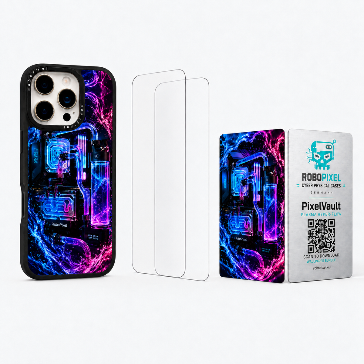 The Ultimate Pack — Plasma Hyper-Flow for iPhone 16 Pro / iPhone 16 Pro Max: phone case, two tempered glass screen protectors and the matching PixelVault metal card