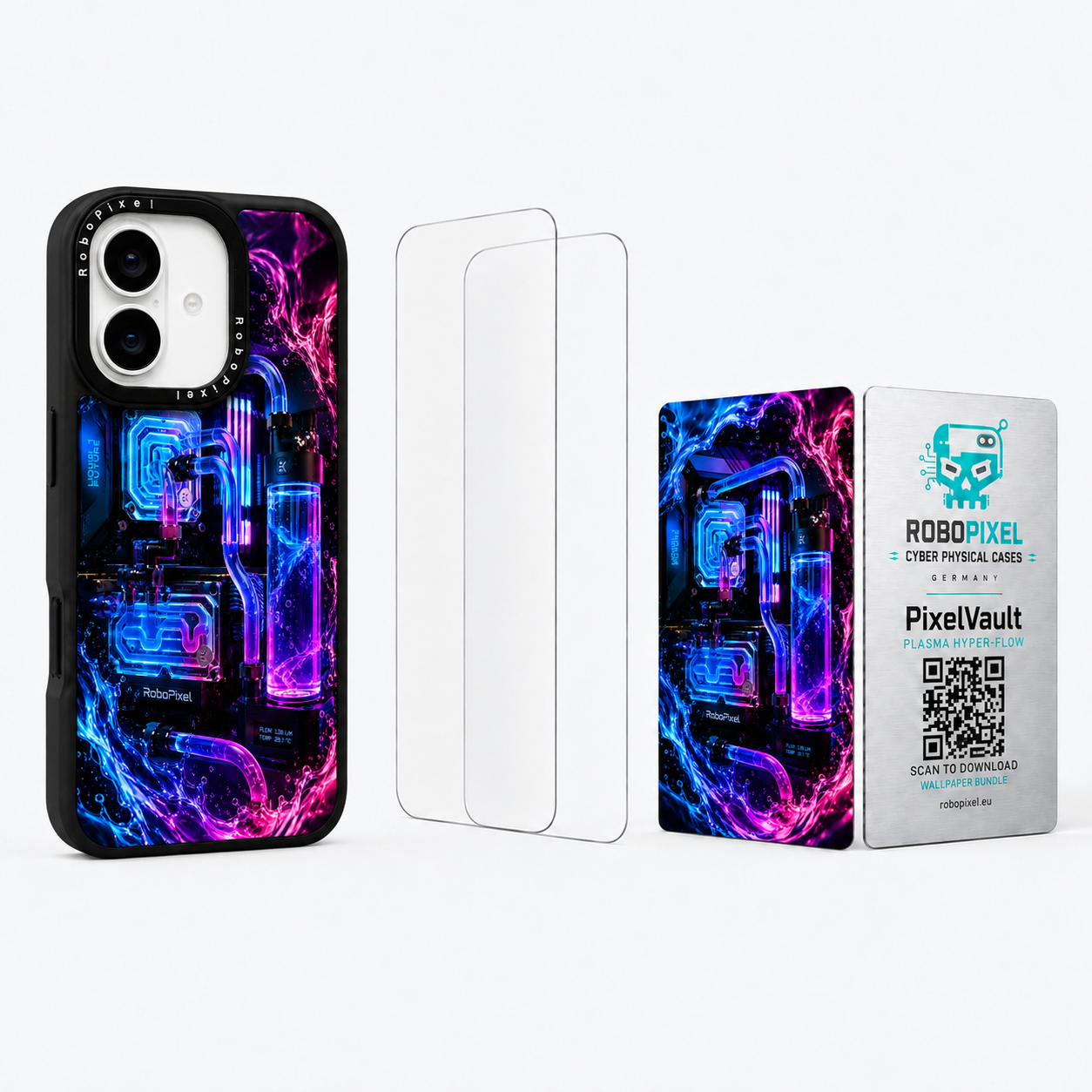 The Ultimate Pack — Plasma Hyper-Flow for iPhone 17: phone case, two tempered glass screen protectors and the matching PixelVault metal card