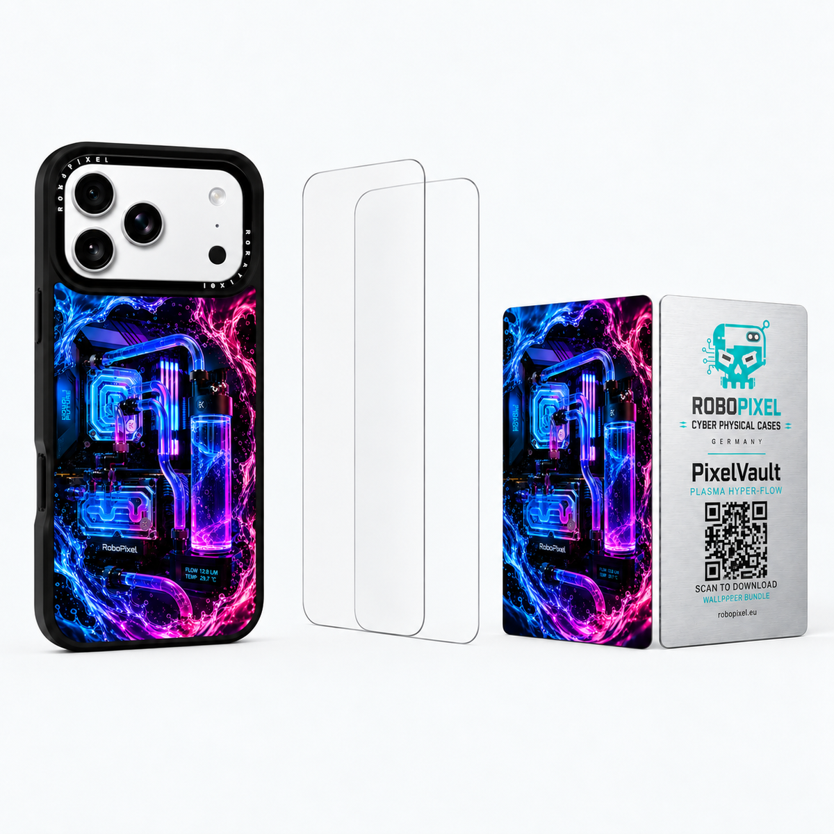 The Ultimate Pack — Plasma Hyper-Flow for iPhone 17 Pro / iPhone 17 Pro Max: phone case, two tempered glass screen protectors and the matching PixelVault metal card