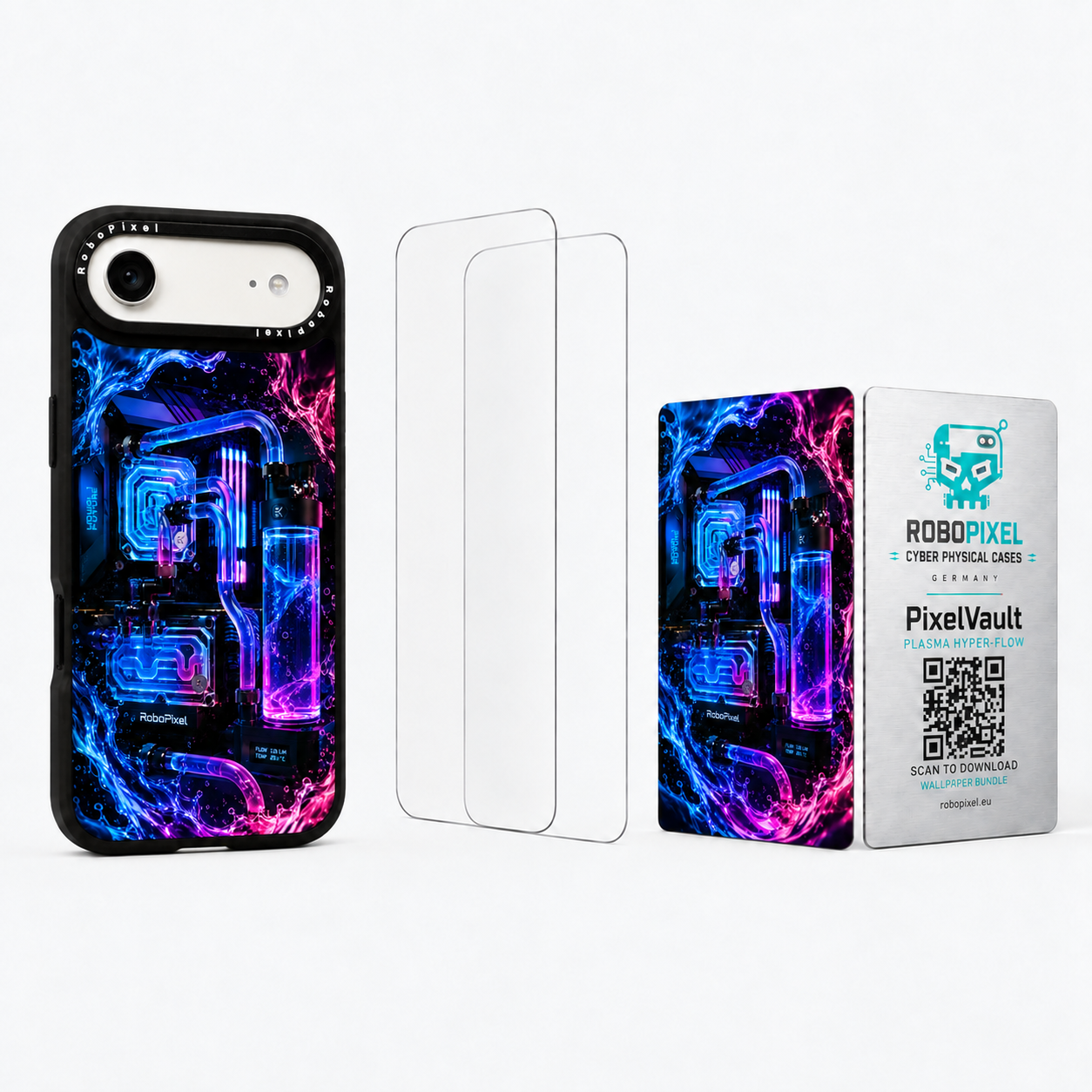 The Ultimate Pack — Plasma Hyper-Flow for iPhone Air: phone case, two tempered glass screen protectors and the matching PixelVault metal card