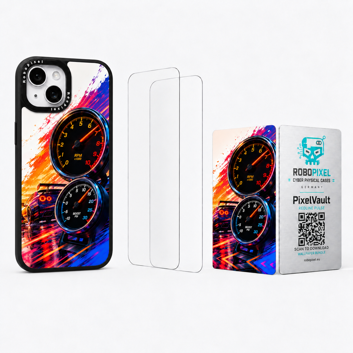 The Ultimate Pack — Redline Pulse for iPhone 15 / iPhone 15 Plus: phone case, two tempered glass screen protectors and the matching PixelVault metal card