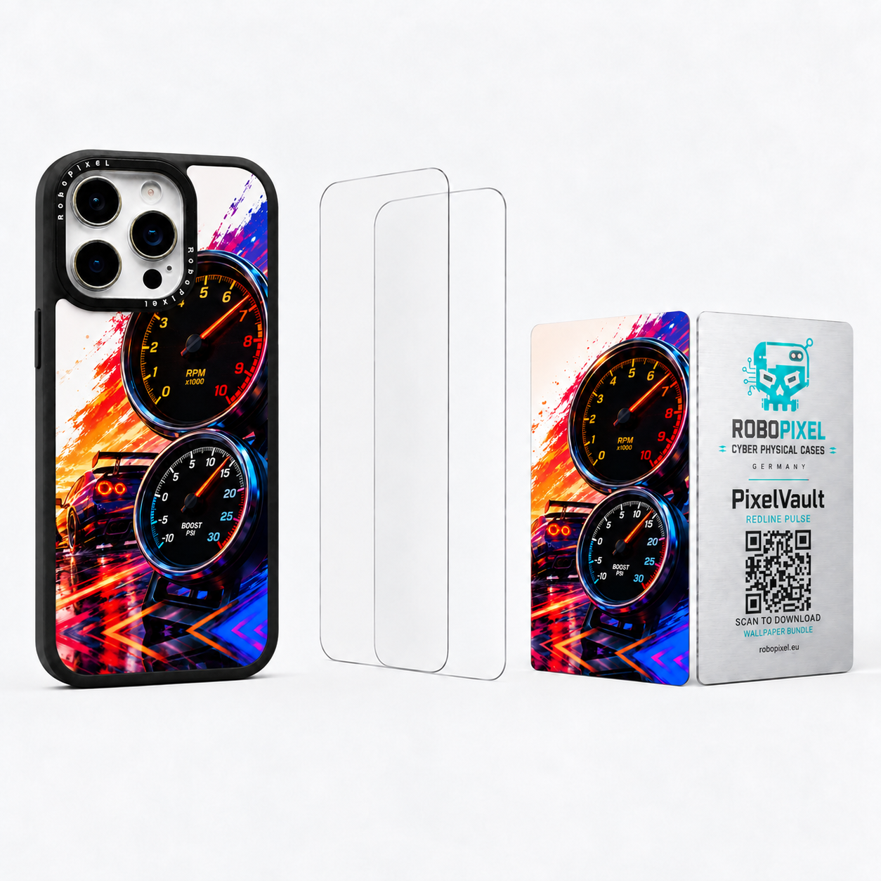 The Ultimate Pack — Redline Pulse for iPhone 15 Pro / iPhone 15 Pro Max: phone case, two tempered glass screen protectors and the matching PixelVault metal card
