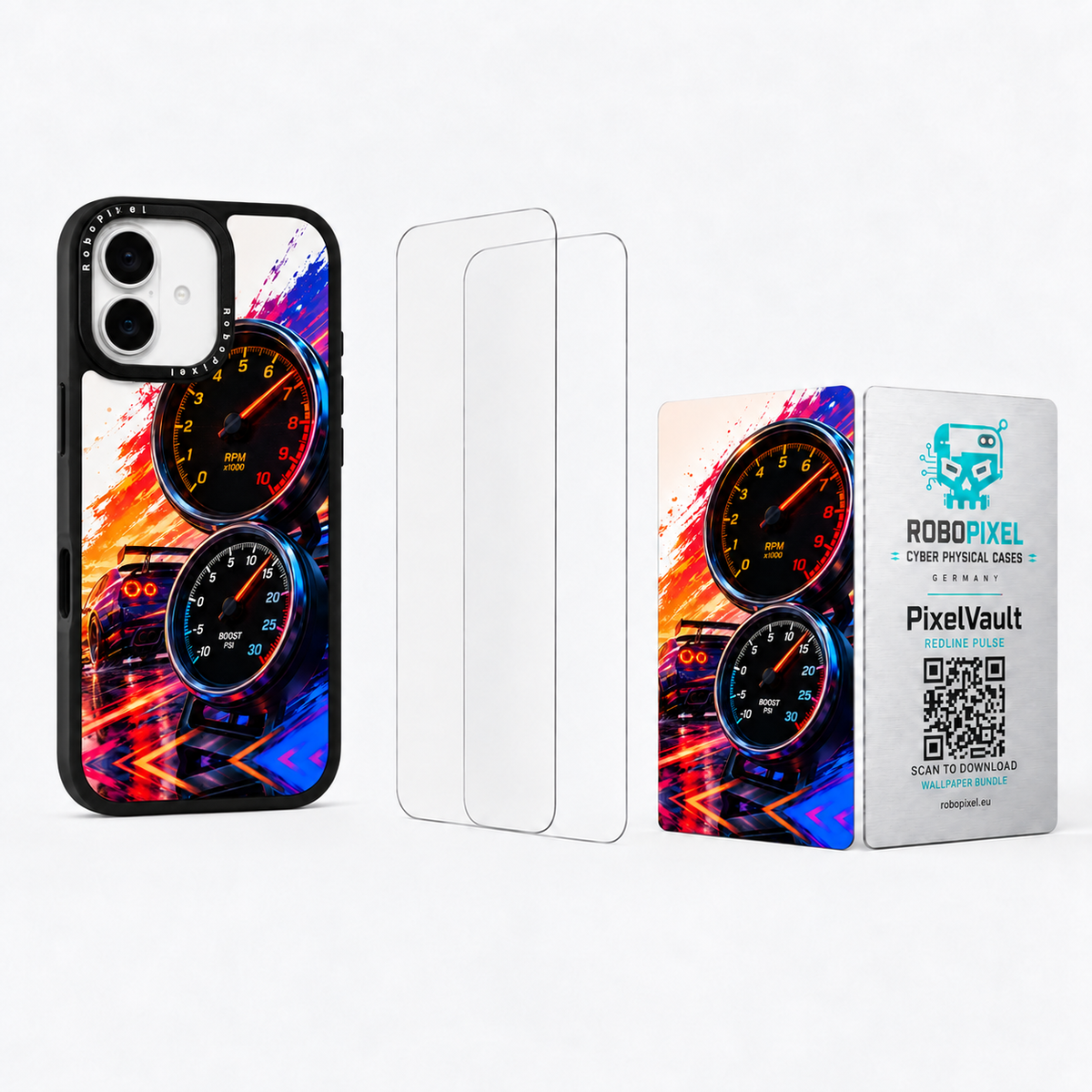 The Ultimate Pack — Redline Pulse for iPhone 16 / iPhone 16 Plus: phone case, two tempered glass screen protectors and the matching PixelVault metal card