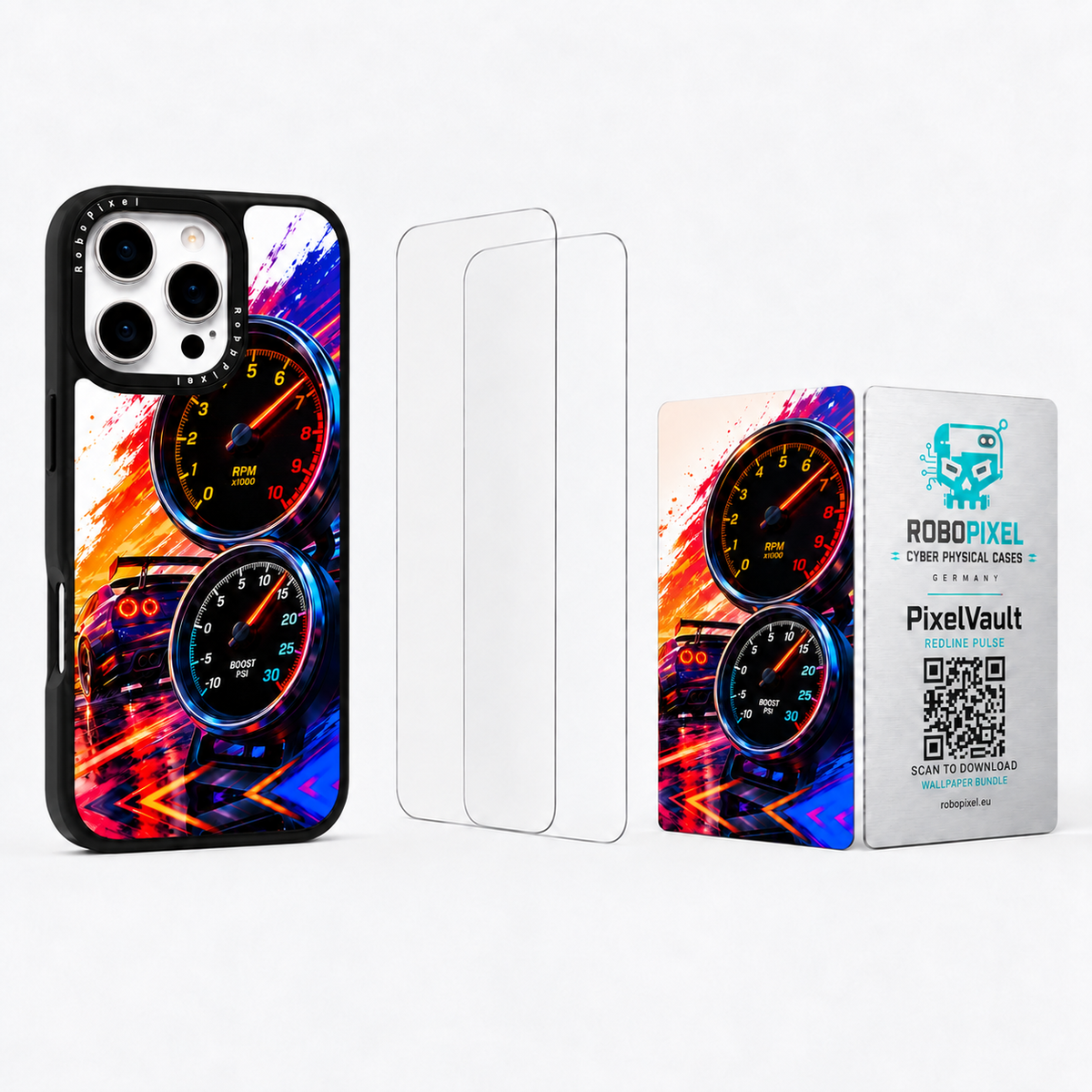 The Ultimate Pack — Redline Pulse for iPhone 16 Pro / iPhone 16 Pro Max: phone case, two tempered glass screen protectors and the matching PixelVault metal card