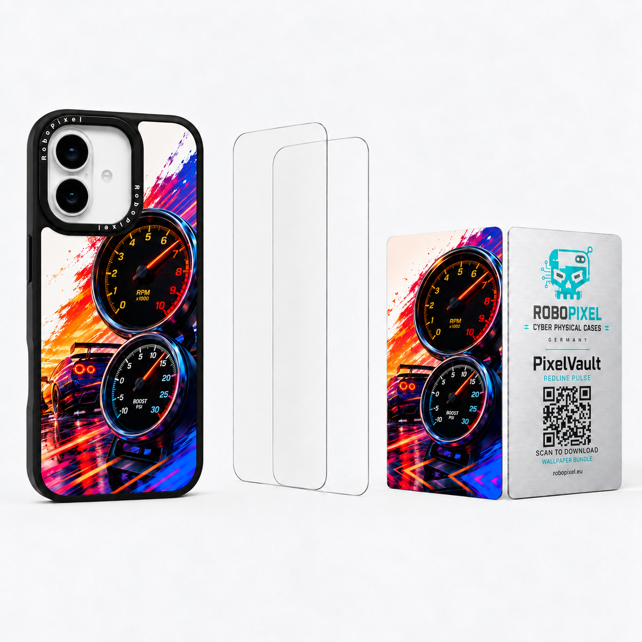The Ultimate Pack — Redline Pulse for iPhone 17: phone case, two tempered glass screen protectors and the matching PixelVault metal card