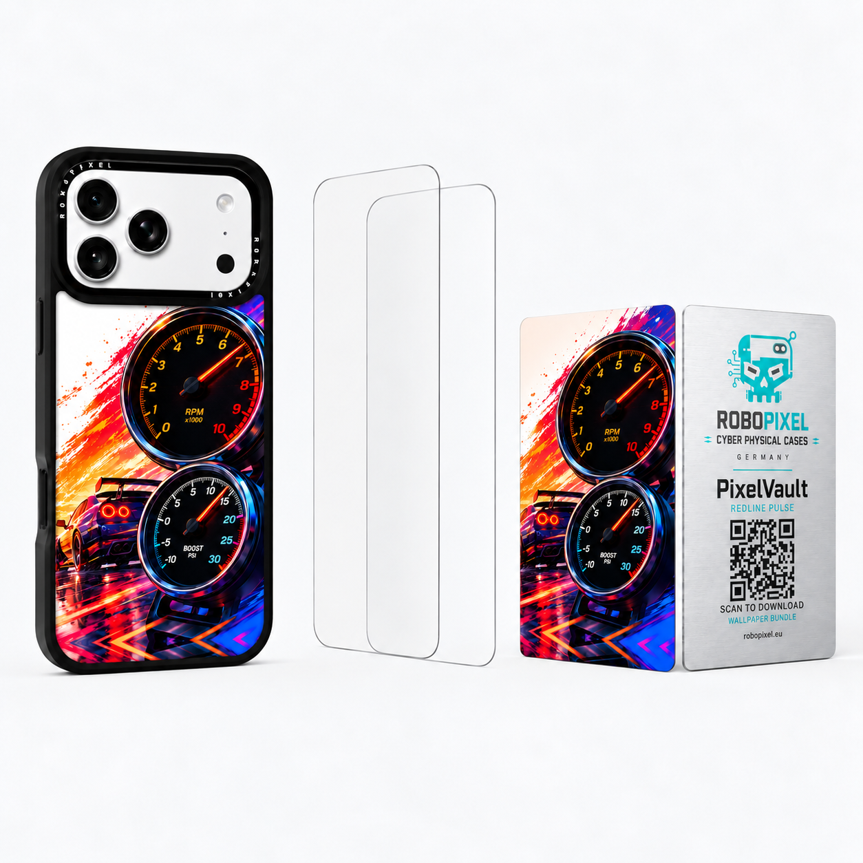 The Ultimate Pack — Redline Pulse for iPhone 17 Pro / iPhone 17 Pro Max: phone case, two tempered glass screen protectors and the matching PixelVault metal card