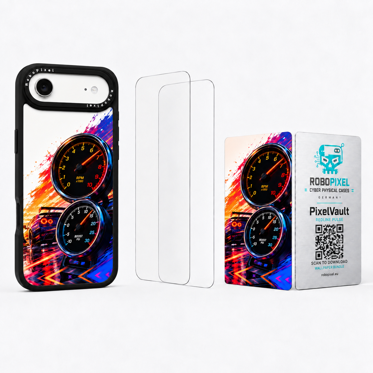 The Ultimate Pack — Redline Pulse for iPhone Air: phone case, two tempered glass screen protectors and the matching PixelVault metal card