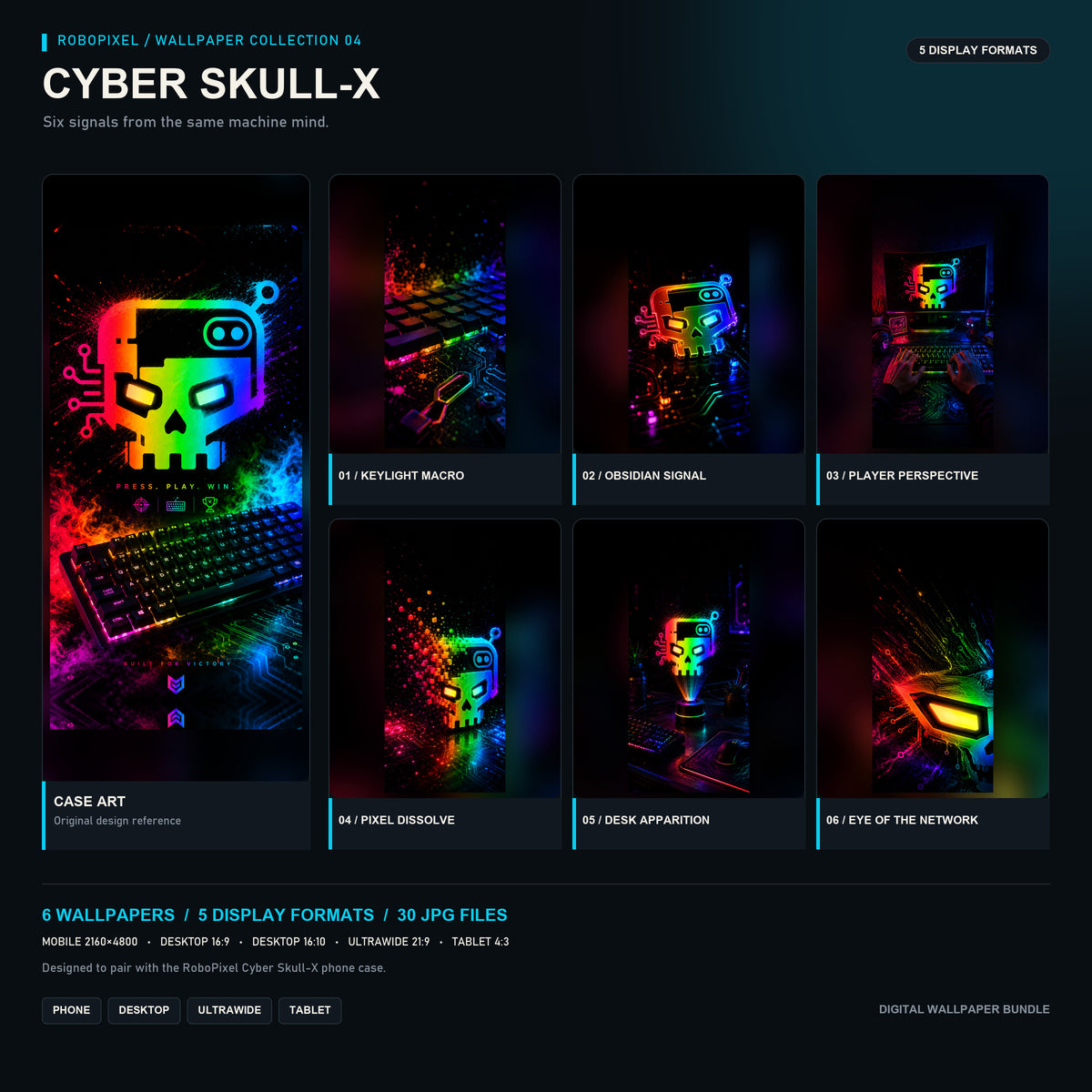 RoboPixel Cyber Skull-X wallpaper collection: six matching wallpapers in five display formats, unlocked with the PixelVault metal card included in this pack