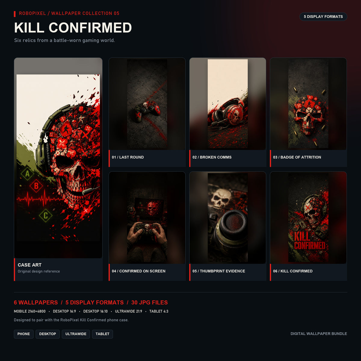RoboPixel Kill Confirmed wallpaper collection: six matching wallpapers in five display formats, unlocked with the PixelVault metal card included in this pack