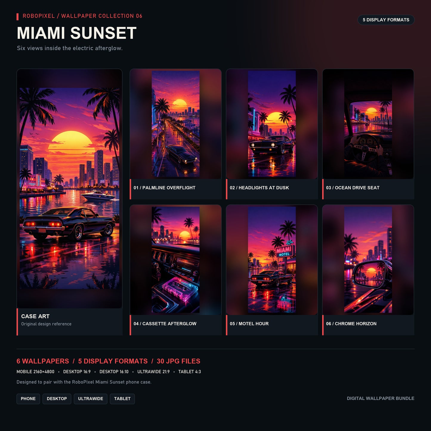 RoboPixel Miami Sunset wallpaper collection: six matching wallpapers in five display formats, unlocked with the PixelVault metal card included in this pack
