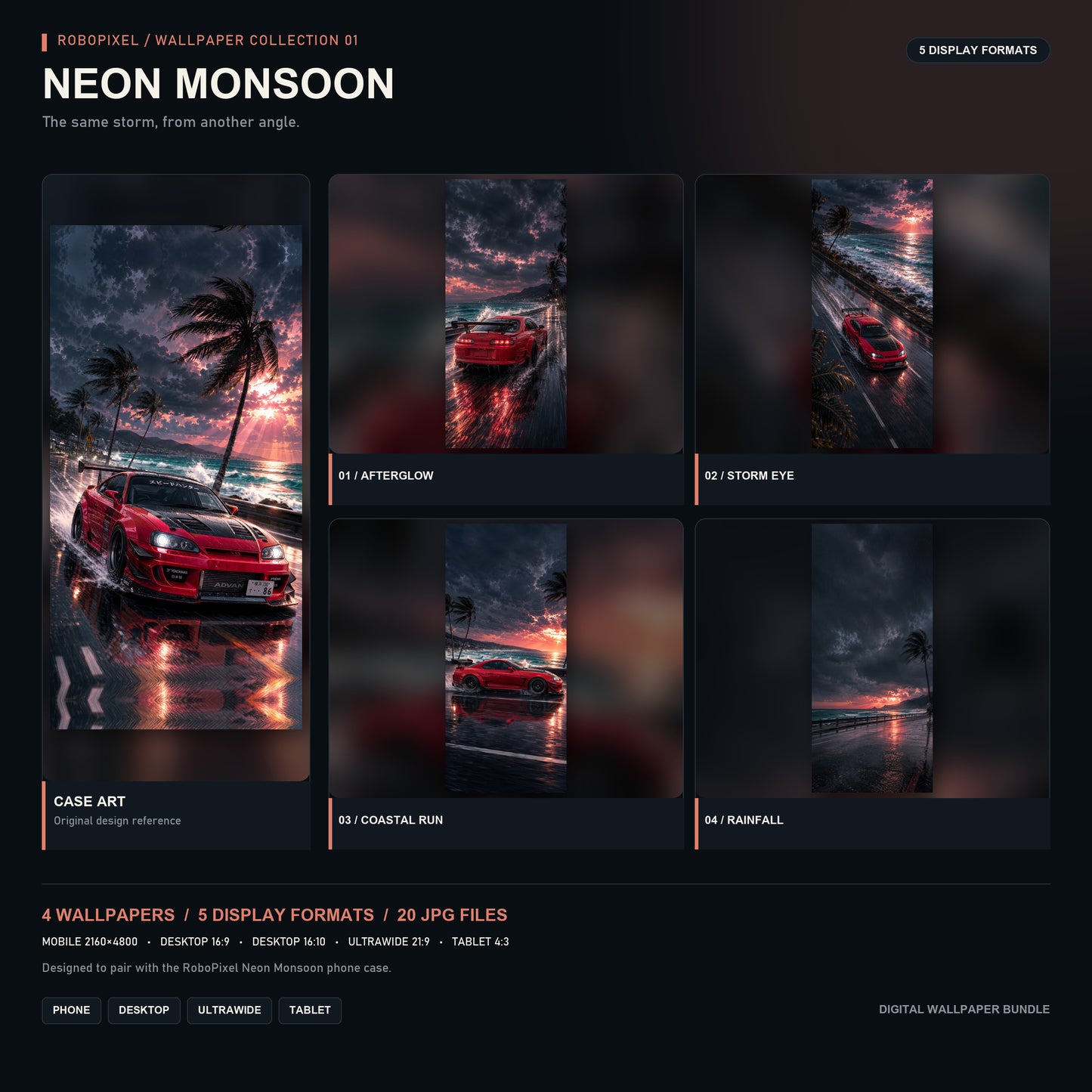 RoboPixel Neon Monsoon wallpaper collection: six matching wallpapers in five display formats, unlocked with the PixelVault metal card included in this pack