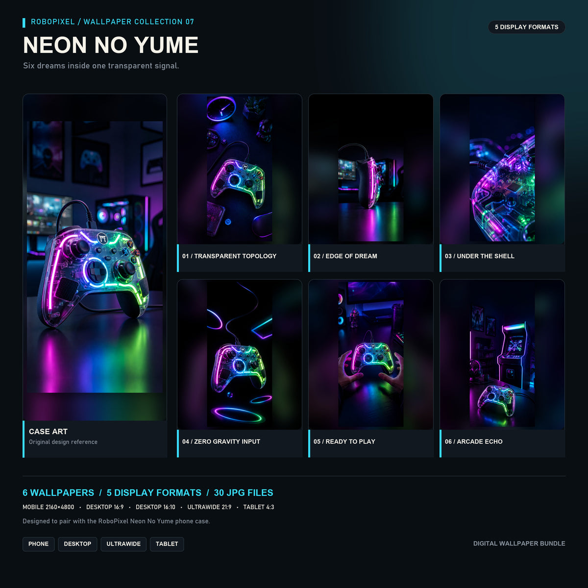 RoboPixel Neon No Yume wallpaper collection: six matching wallpapers in five display formats, unlocked with the PixelVault metal card included in this pack