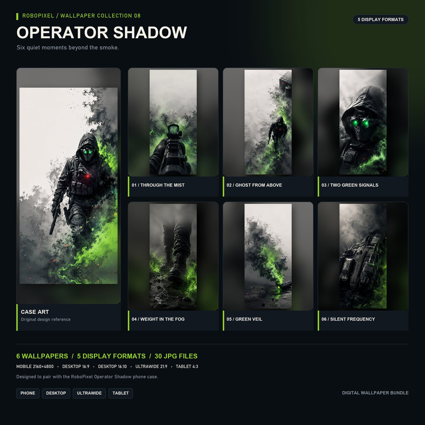 RoboPixel Operator Shadow wallpaper collection: six matching wallpapers in five display formats, unlocked with the PixelVault metal card included in this pack