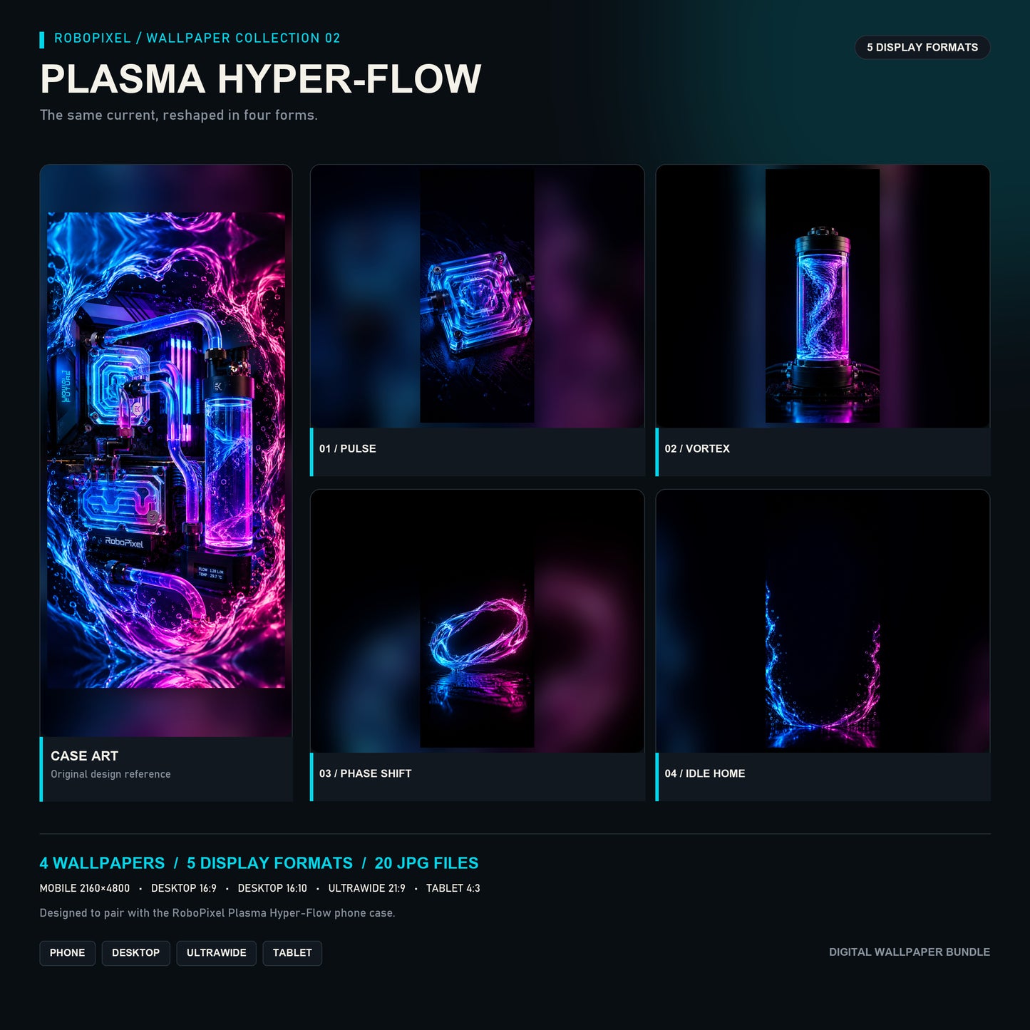 RoboPixel Plasma Hyper-Flow wallpaper collection: six matching wallpapers in five display formats, unlocked with the PixelVault metal card included in this pack