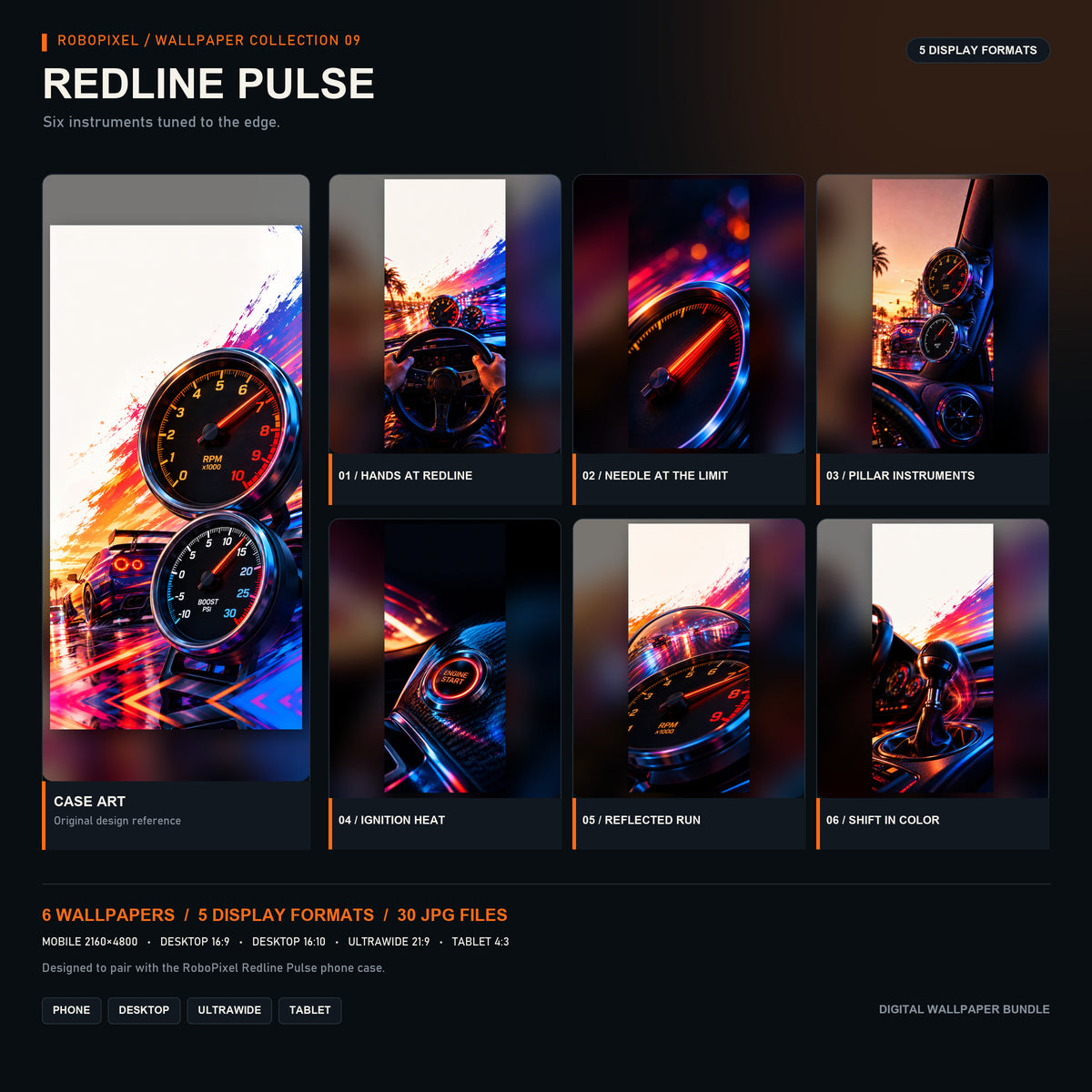 RoboPixel Redline Pulse wallpaper collection: six matching wallpapers in five display formats, unlocked with the PixelVault metal card included in this pack