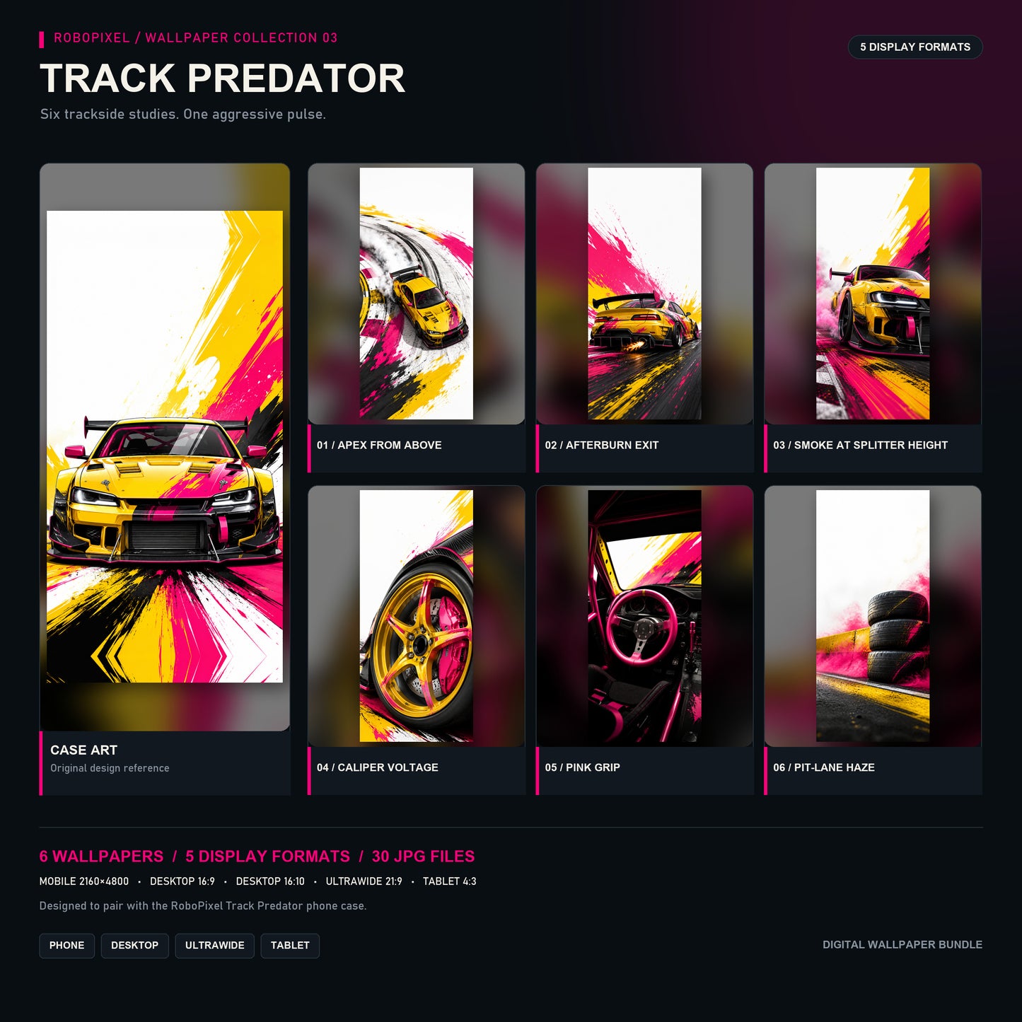 RoboPixel Track Predator wallpaper collection: six matching wallpapers in five display formats, unlocked with the PixelVault metal card included in this pack