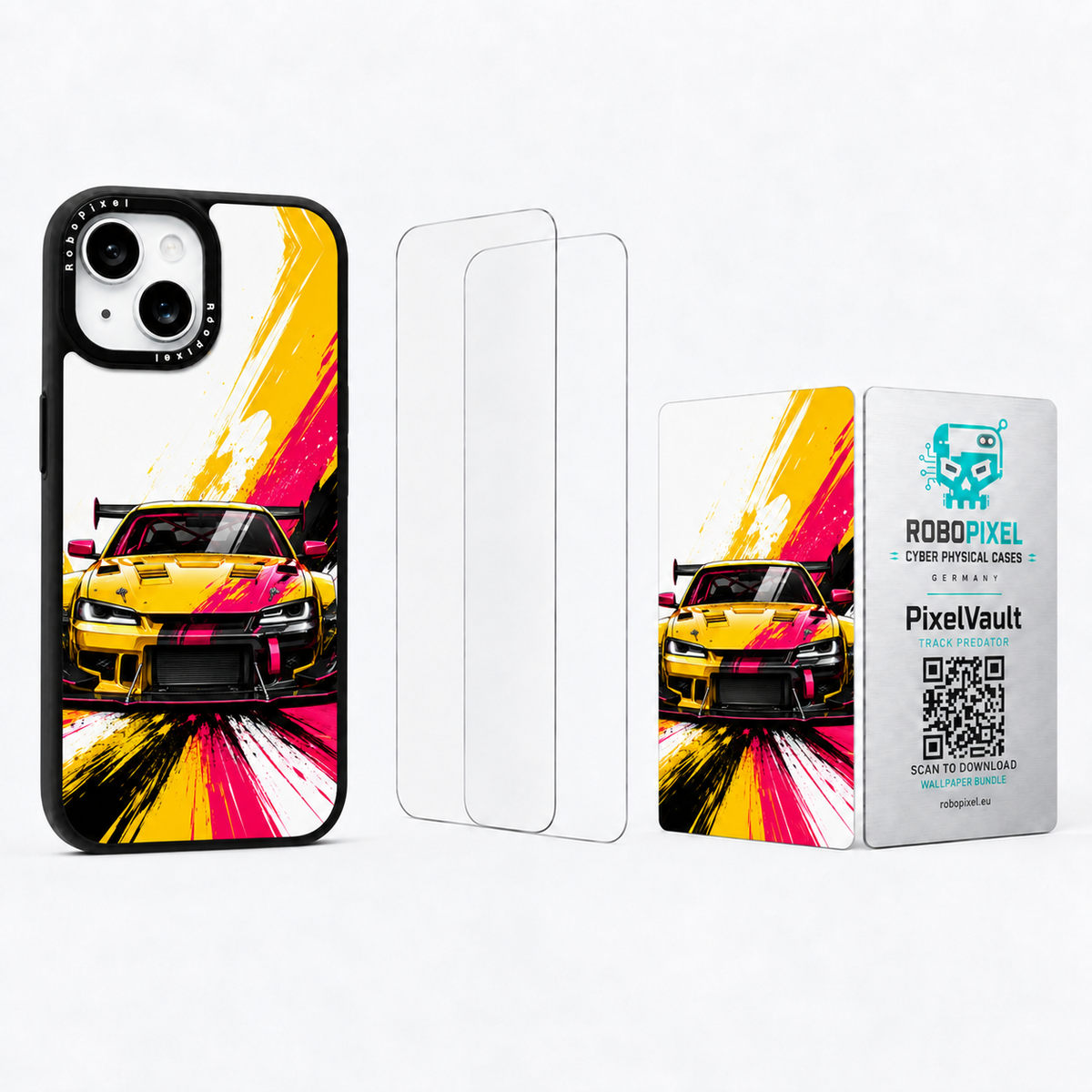 The Ultimate Pack — Track Predator for iPhone 15 / iPhone 15 Plus: phone case, two tempered glass screen protectors and the matching PixelVault metal card