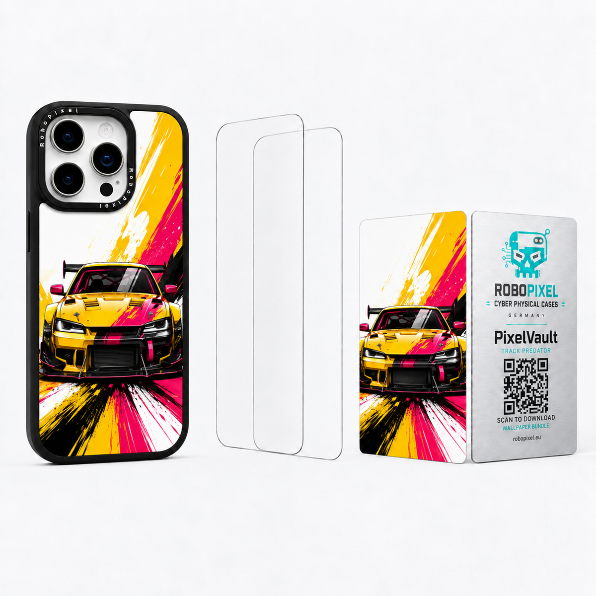 The Ultimate Pack — Track Predator for iPhone 15 Pro / iPhone 15 Pro Max: phone case, two tempered glass screen protectors and the matching PixelVault metal card