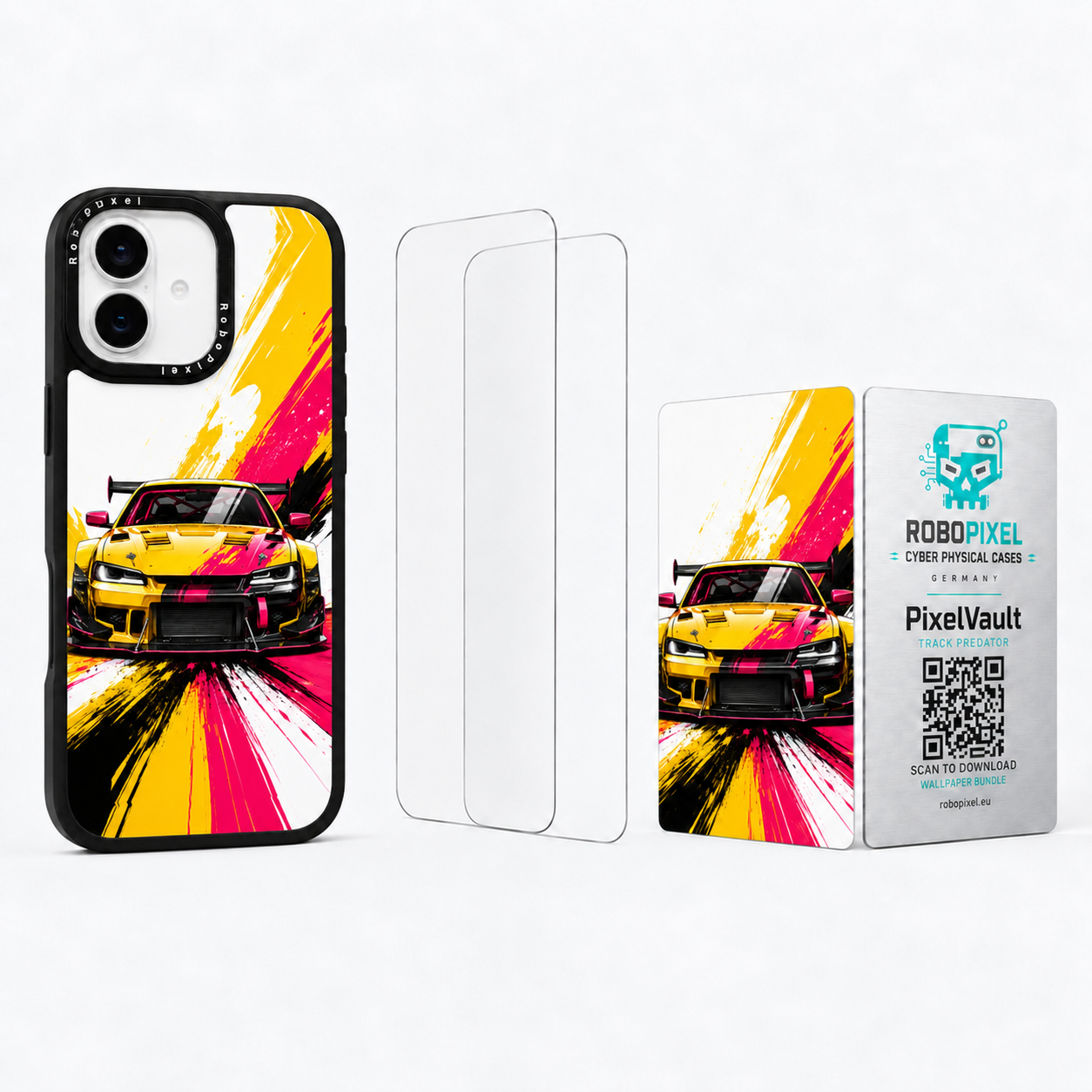 The Ultimate Pack — Track Predator for iPhone 16 / iPhone 16 Plus: phone case, two tempered glass screen protectors and the matching PixelVault metal card