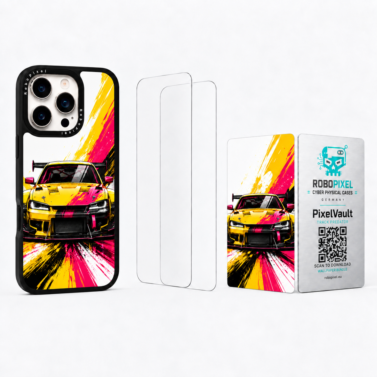 The Ultimate Pack — Track Predator for iPhone 16 Pro / iPhone 16 Pro Max: phone case, two tempered glass screen protectors and the matching PixelVault metal card