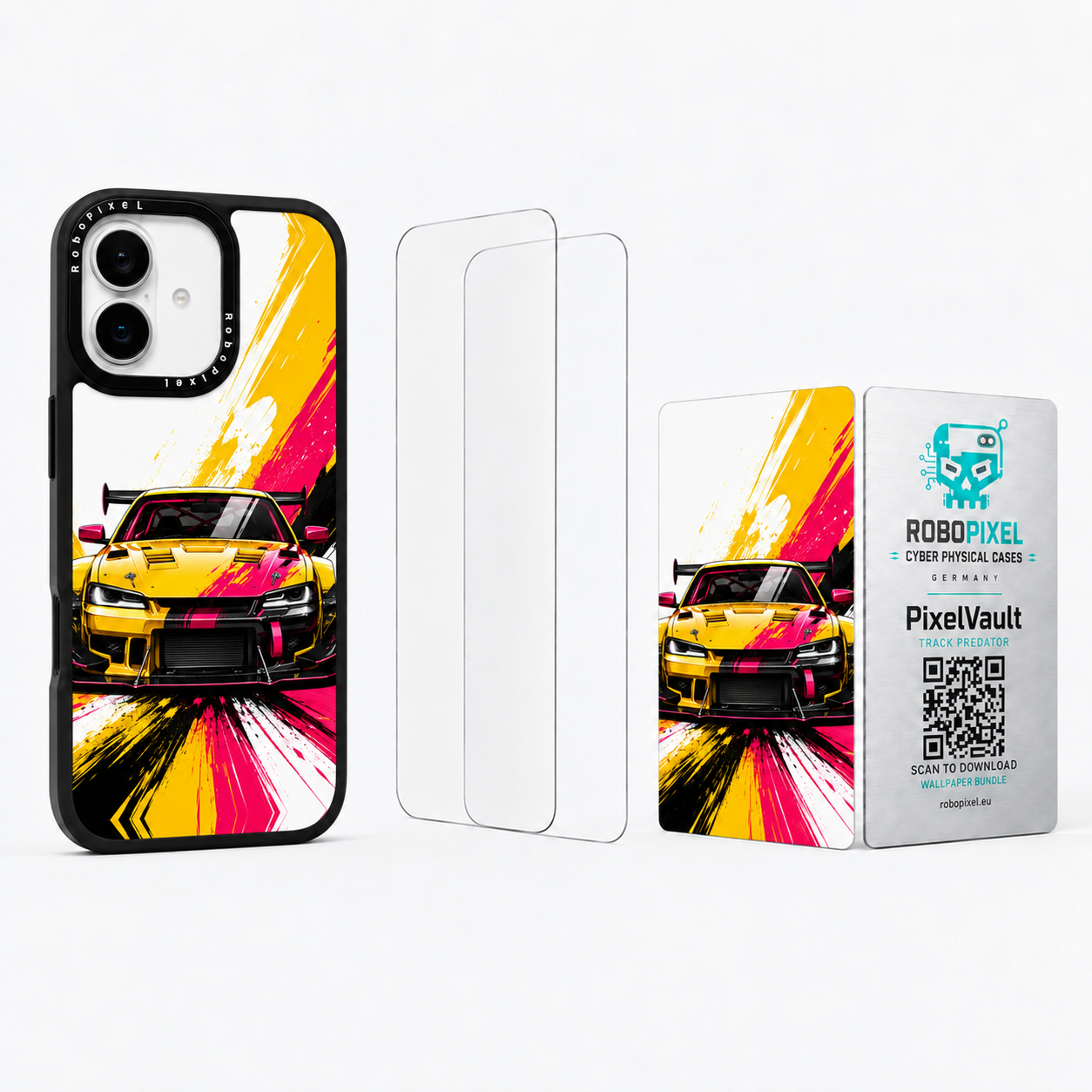 The Ultimate Pack — Track Predator for iPhone 17: phone case, two tempered glass screen protectors and the matching PixelVault metal card