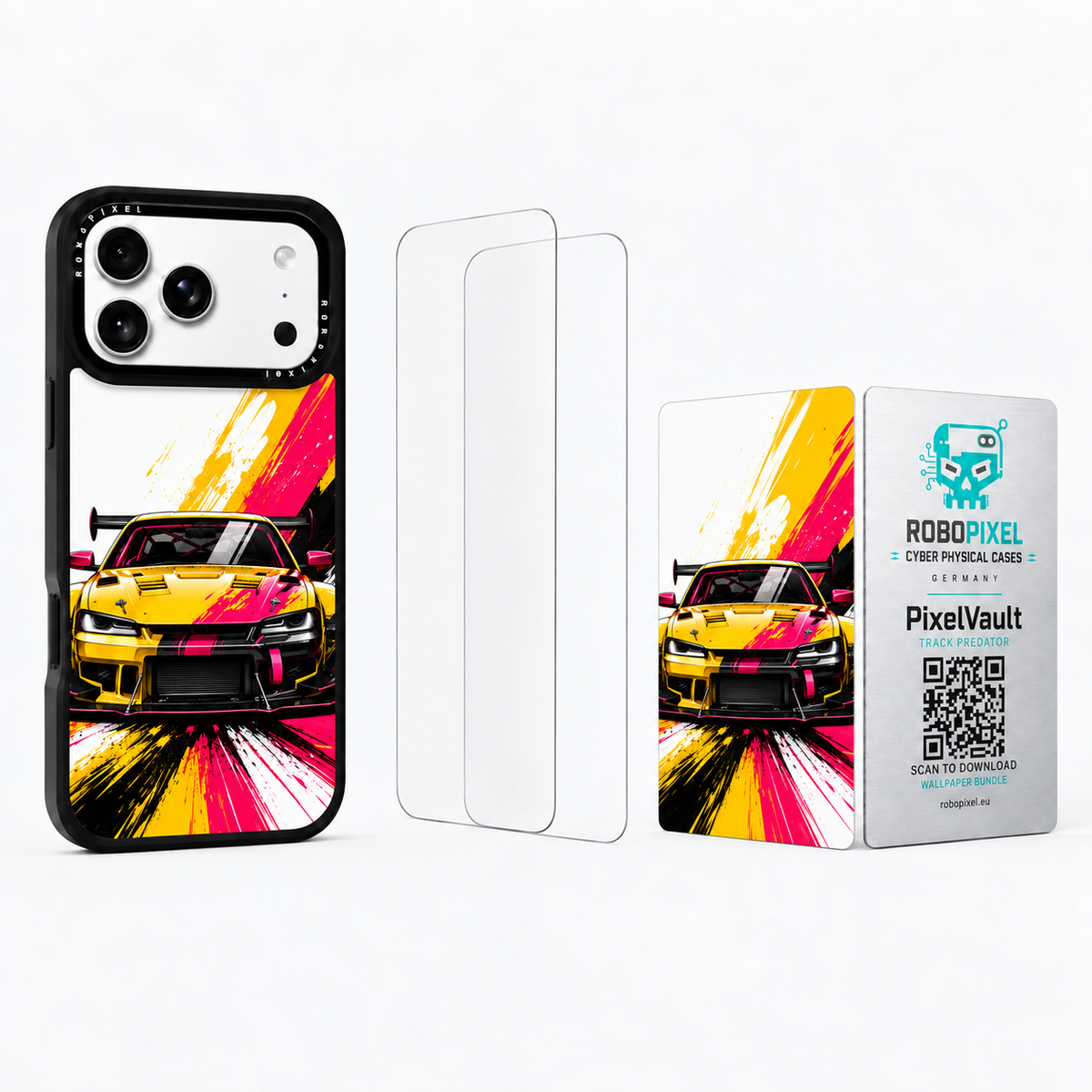 The Ultimate Pack — Track Predator for iPhone 17 Pro / iPhone 17 Pro Max: phone case, two tempered glass screen protectors and the matching PixelVault metal card