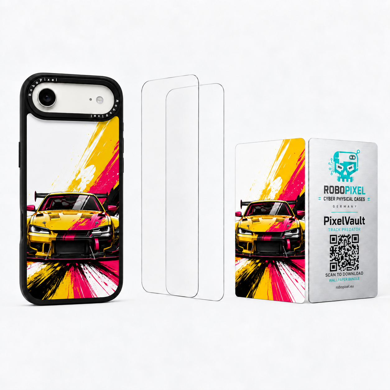 The Ultimate Pack — Track Predator for iPhone Air: phone case, two tempered glass screen protectors and the matching PixelVault metal card