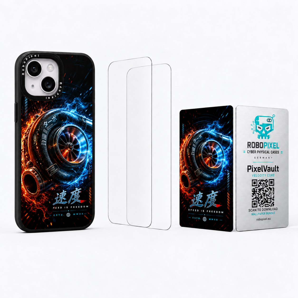 The Ultimate Pack — Velocity Core for iPhone 15 / iPhone 15 Plus: phone case, two tempered glass screen protectors and the matching PixelVault metal card