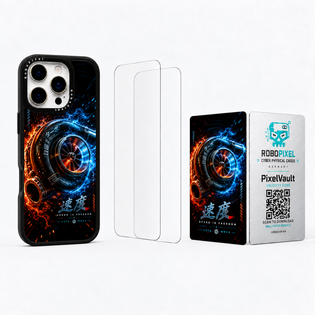 The Ultimate Pack — Velocity Core for iPhone 15 Pro / iPhone 15 Pro Max: phone case, two tempered glass screen protectors and the matching PixelVault metal card