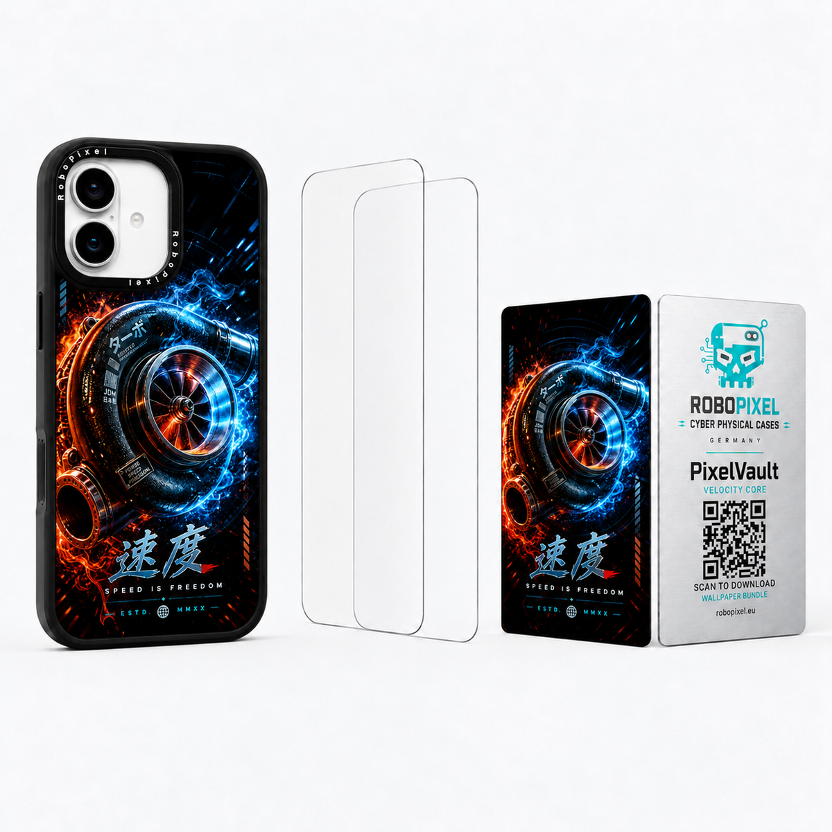 The Ultimate Pack — Velocity Core for iPhone 16 / iPhone 16 Plus: phone case, two tempered glass screen protectors and the matching PixelVault metal card