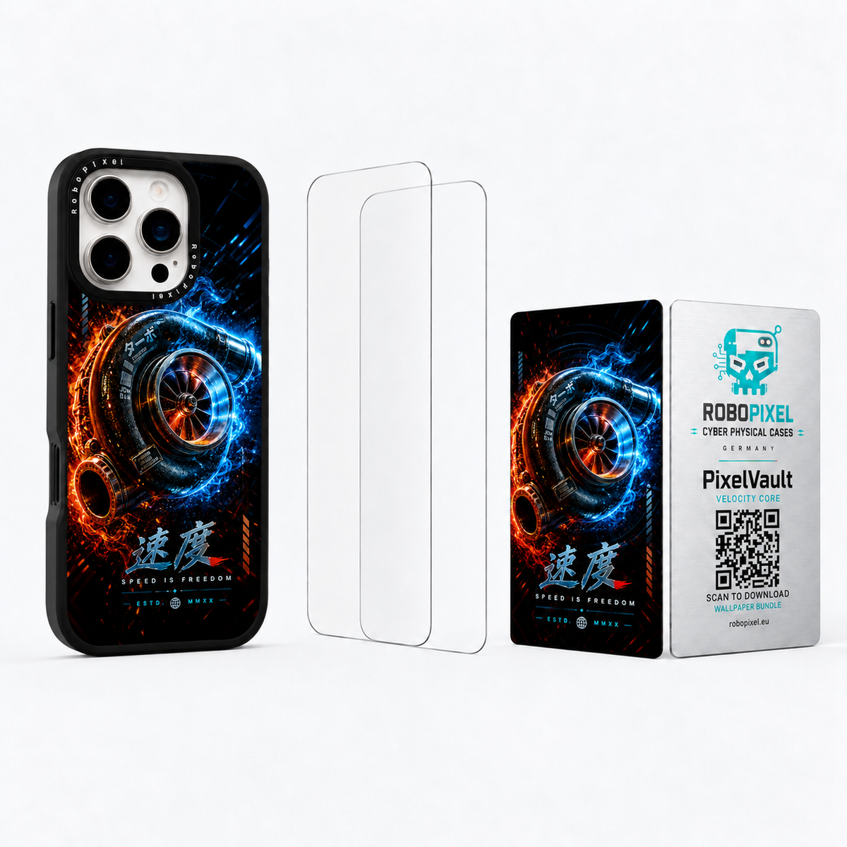 The Ultimate Pack — Velocity Core for iPhone 16 Pro / iPhone 16 Pro Max: phone case, two tempered glass screen protectors and the matching PixelVault metal card
