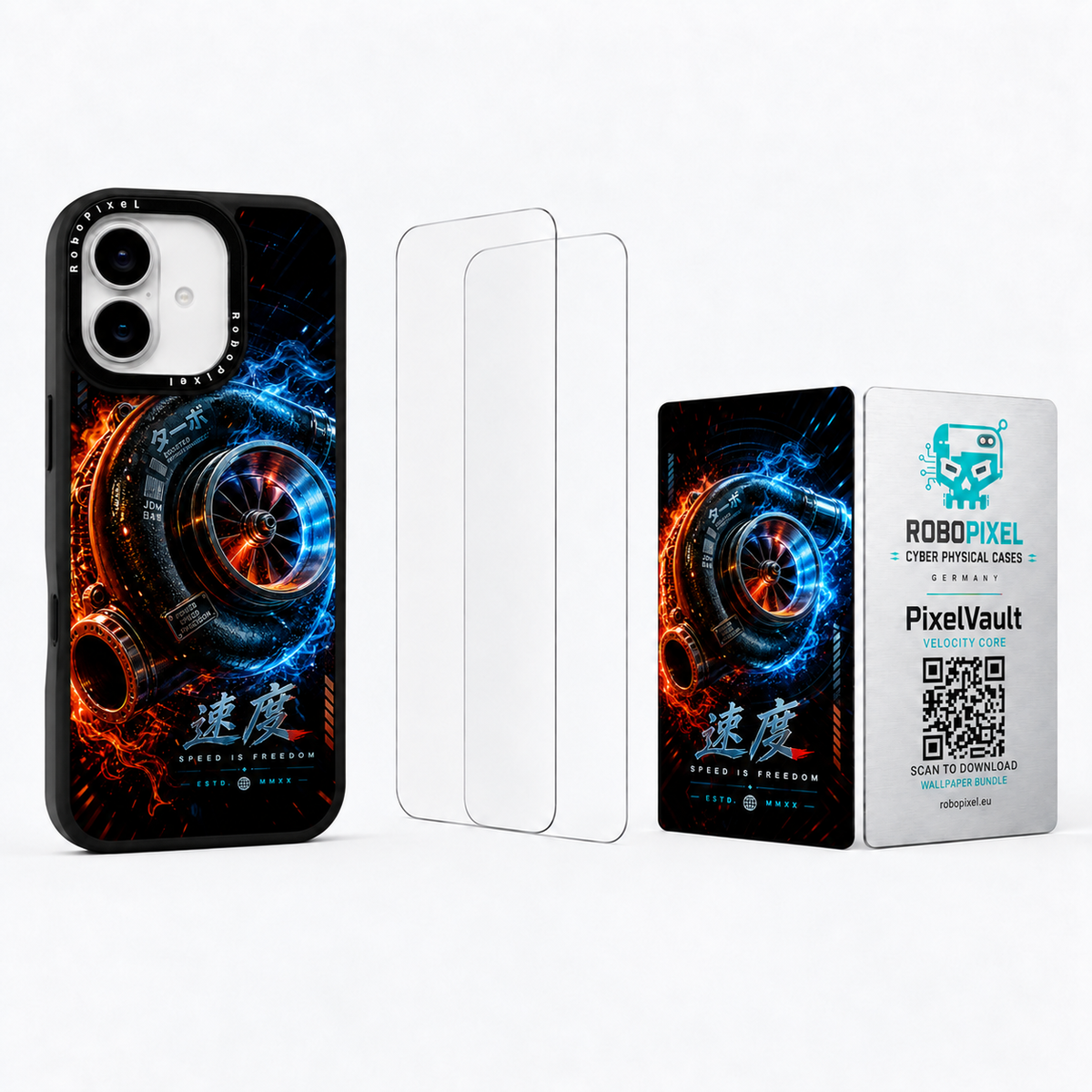 The Ultimate Pack — Velocity Core for iPhone 17: phone case, two tempered glass screen protectors and the matching PixelVault metal card