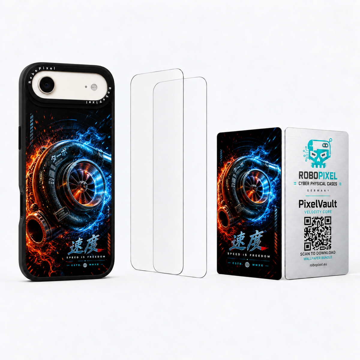 The Ultimate Pack — Velocity Core for iPhone Air: phone case, two tempered glass screen protectors and the matching PixelVault metal card