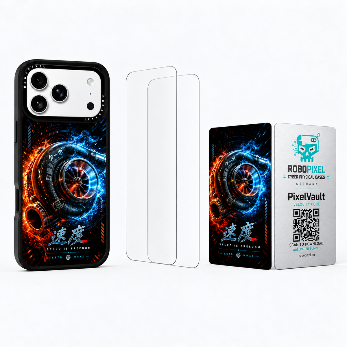 The Ultimate Pack — Velocity Core: phone case, two tempered glass screen protectors and the matching PixelVault metal card