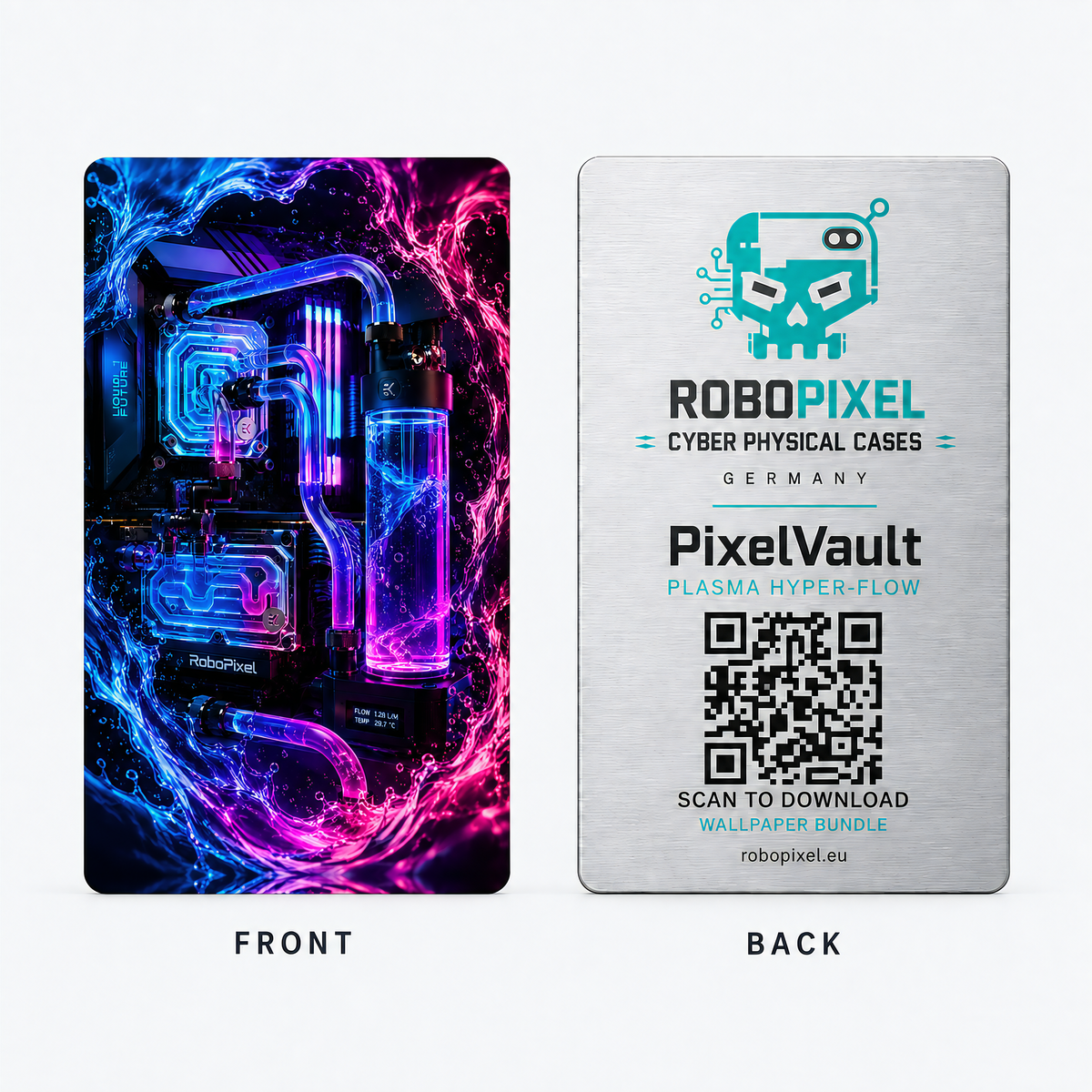 PixelVault metal design card — Plasma Hyper-Flow, front and back
