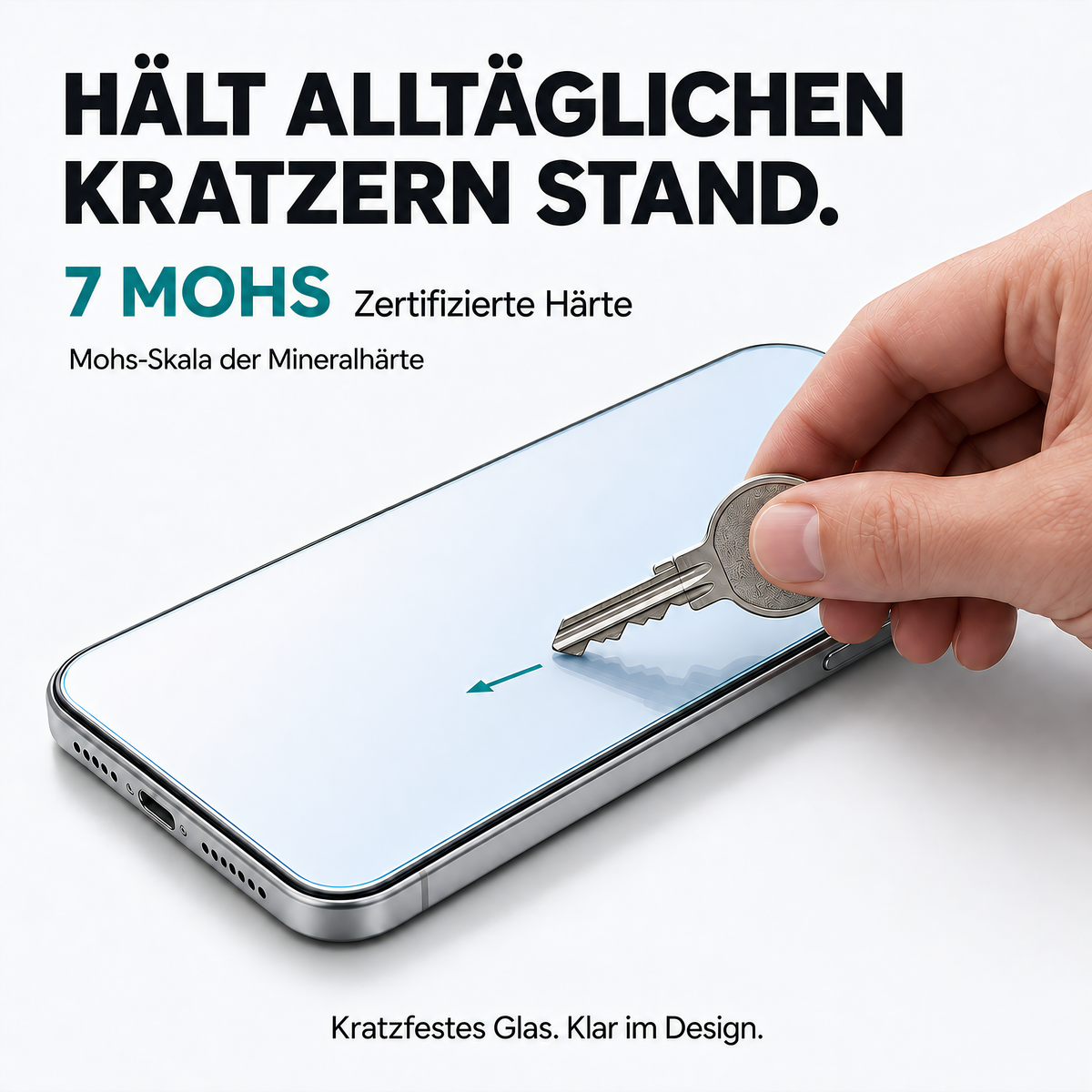 Panzerglas mit zertifizierter Haerte von 7 Mohs, das einem ueber das Display gezogenen Schluessel standhaelt.