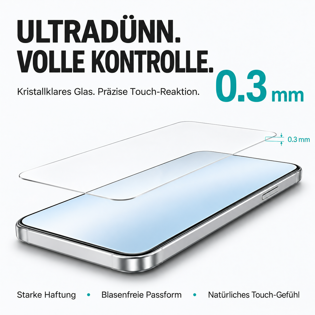 0,3 mm duennes, kristallklares Panzerglas ueber einem iPhone Display: starke Haftung, blasenfreie Passform, natuerliches Touch-Gefuehl.