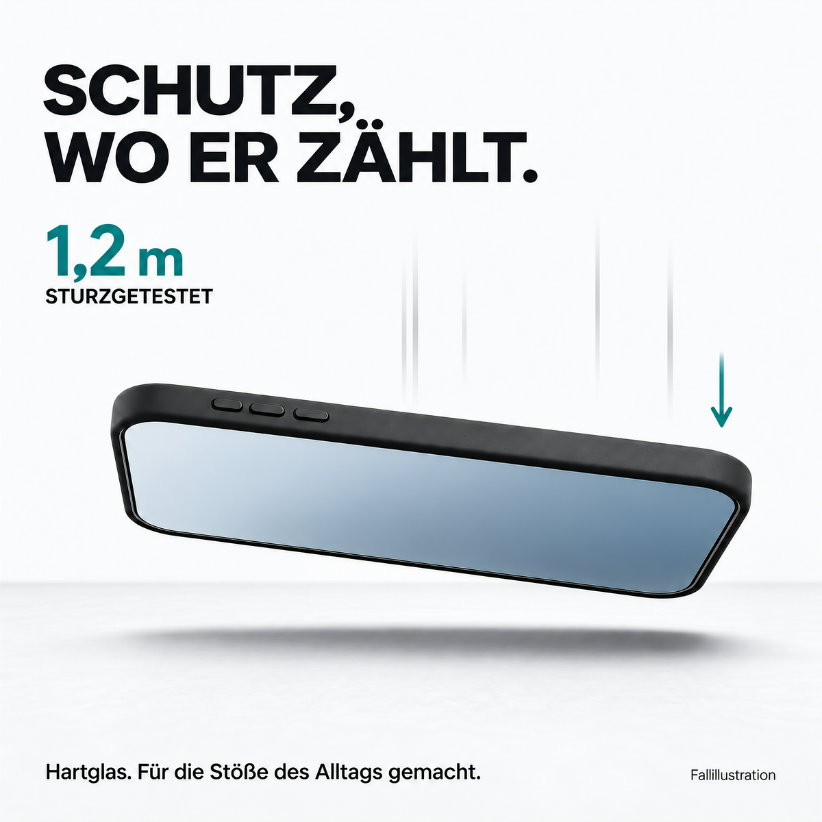 Panzerglas Displayschutz auf einem iPhone in schwarzer Huelle, getestet aus 1,2 Metern Fallhoehe.